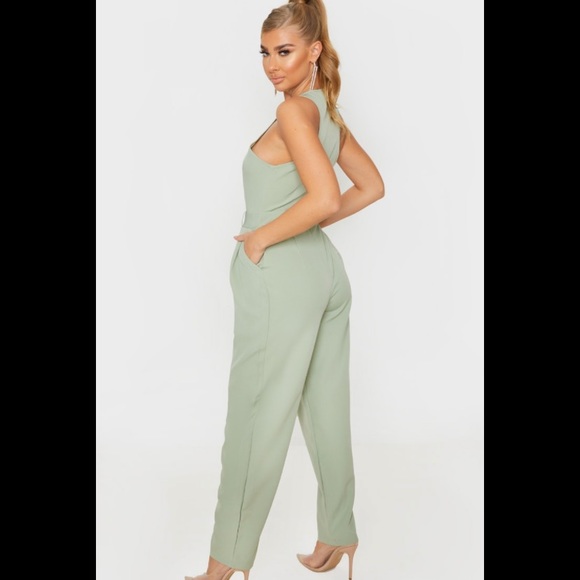 SOLD 🚫 PLT Sage Green Racer Back Pocket Detail Jumpsuit - Picture 4 of 6